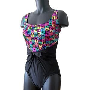 Vintage 80s Oscar de la Renta Swimsuit Size 16 Geometric Metallic Slimming